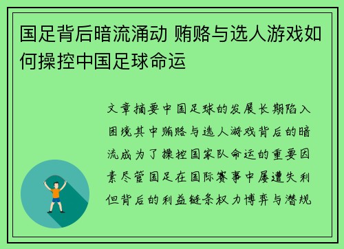 国足背后暗流涌动 贿赂与选人游戏如何操控中国足球命运
